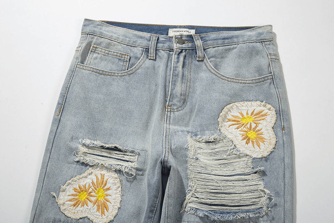 High Street Heavy Hole Daisy Patch Embroidered Jeans - MRSLM
