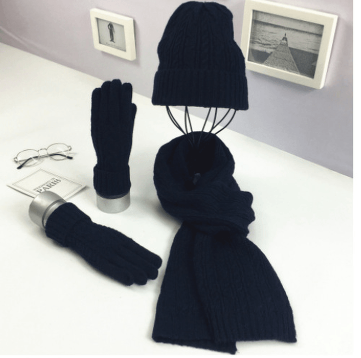 Fashion Solid Color Twist Warm Hat Scarf Glove Set - MRSLM