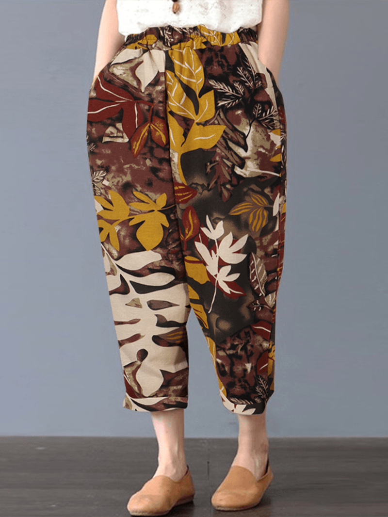 Women Bohemian 100% Cotton Floral Printed Side Pockets Elastic Waist Pants - MRSLM