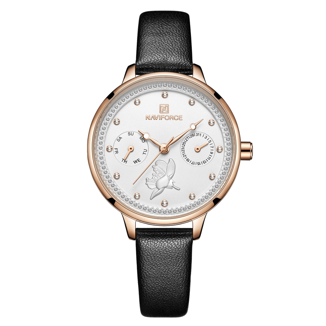 NAVIFORCE 5003 Diamonds Elegant Design Ladies Wrist Watch Genuine Leather Strap Quartz Watch - MRSLM