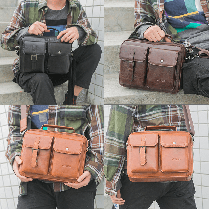 Men Genuine Leather Multi-Function Retro Large Capacity Handbag Shoulder Bag Cross Body Bag - MRSLM