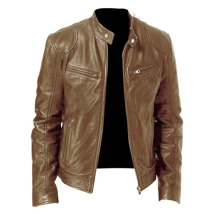 Men'S Zip Cardigan PU Leather Jacket with Stand Collar - MRSLM