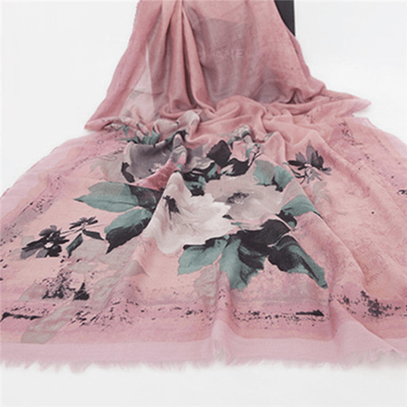 Women Satin Printing Scarves Breathable Vintage Cotton and Linen Lightweight Scarf - MRSLM