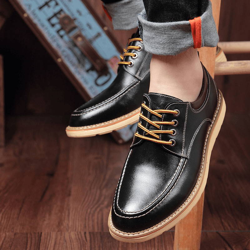 Men Genuine Leather Breathable Non Slip Soft Sole Lace up Casual Business Shoes - MRSLM