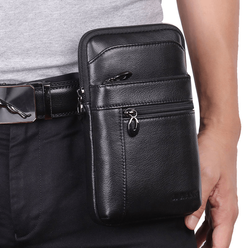 Men Genuine Leather Waist Bag Belt Bag 7 Inch Phone Bag Business Bag Shoulder Bag - MRSLM