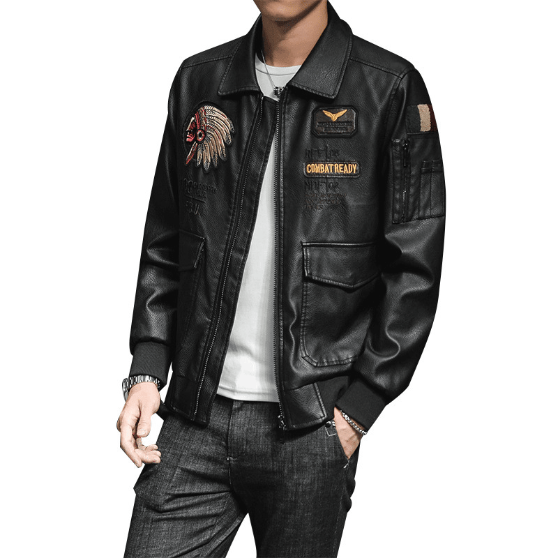 Men'S Pu Leather Jacket Men'S Lapel Embroidery Motorcycle Jacket - MRSLM