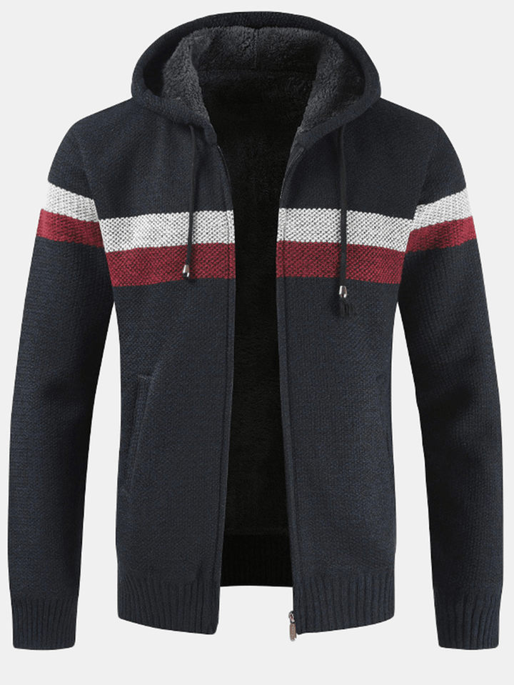 Mens Patchwork Zip Front Rib-Knit Plush Lined Hooded Cardigans with Pocket - MRSLM