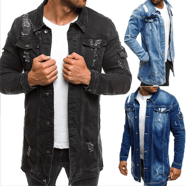 Fashion Men'S Mid-Length Ripped Denim Jacket - MRSLM