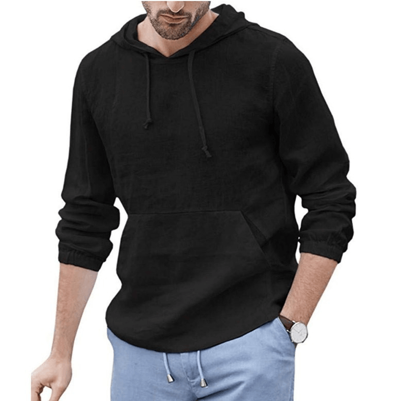 Men'S Cotton and Linen Pullover Long Sleeved Hooded T Shirt - MRSLM