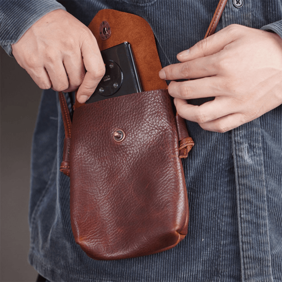 Men Genuine Leather Hasp 6.5 Inch Phone Bag Portable Waterproof Crossbody Bag Shoulder Bag - MRSLM