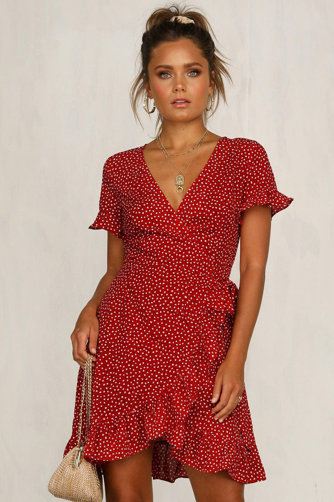 Printed V-neck lace-up ruffled dress - MRSLM