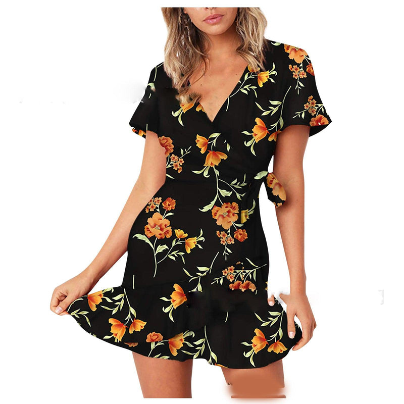 stitched print v-neck commuter dress, view 7 - MRSLM