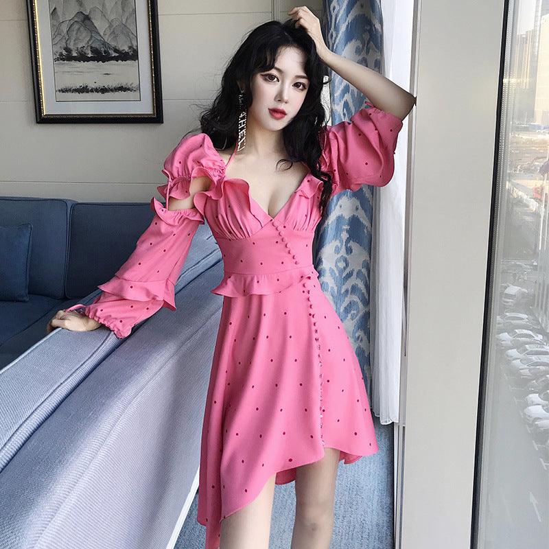 2021 spring new women's wave point ruffled irregular dress seaside holiday a generation - MRSLM