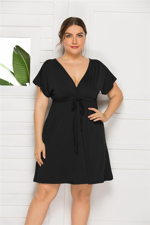 solid color short sleeve deep v-neck short dress, view 3 - MRSLM