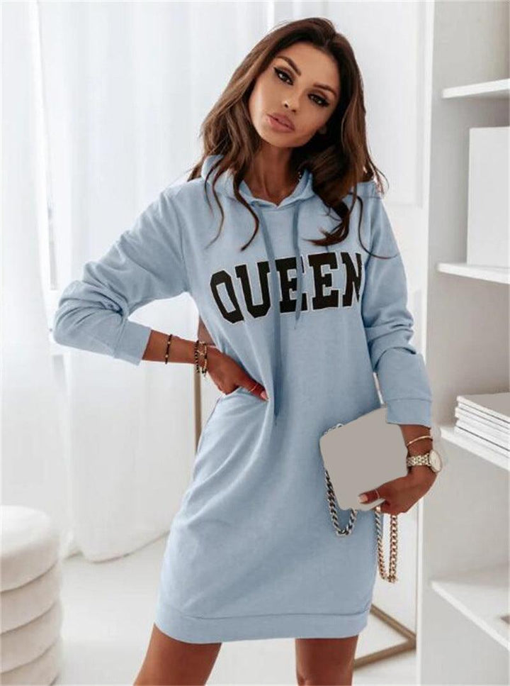 Long Sleeve Hooded Letter Sports Casual Dress - MRSLM