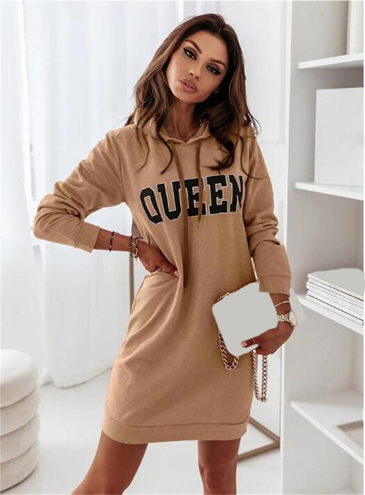 Long Sleeve Hooded Letter Sports Casual Dress - MRSLM