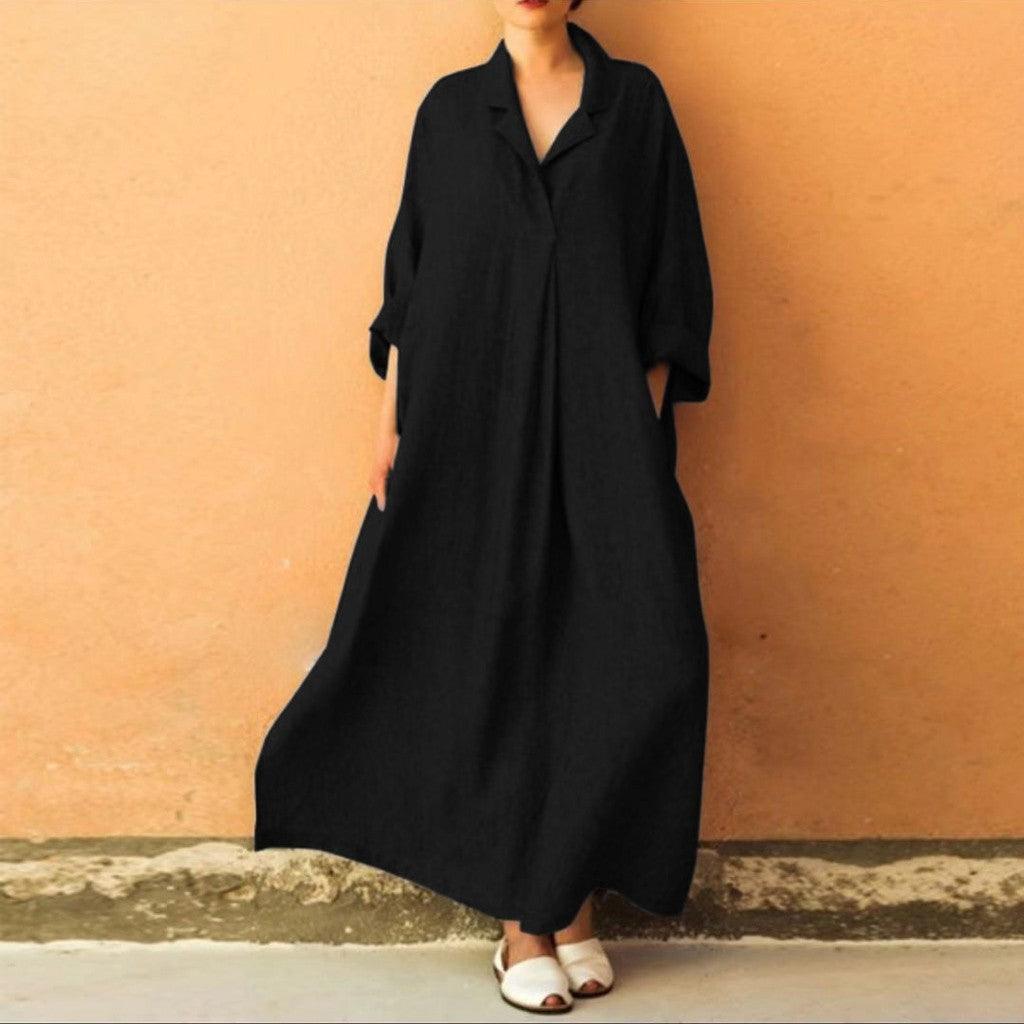 Women Dress Loose Casual Ankle Length Office Lady Dress Solid Lantern Sleeve Bohemian Loose Waist Women Dress - MRSLM