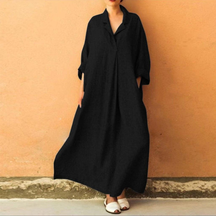 Women Dress Loose Casual Ankle Length Office Lady Dress Solid Lantern Sleeve Bohemian Loose Waist Women Dress - MRSLM
