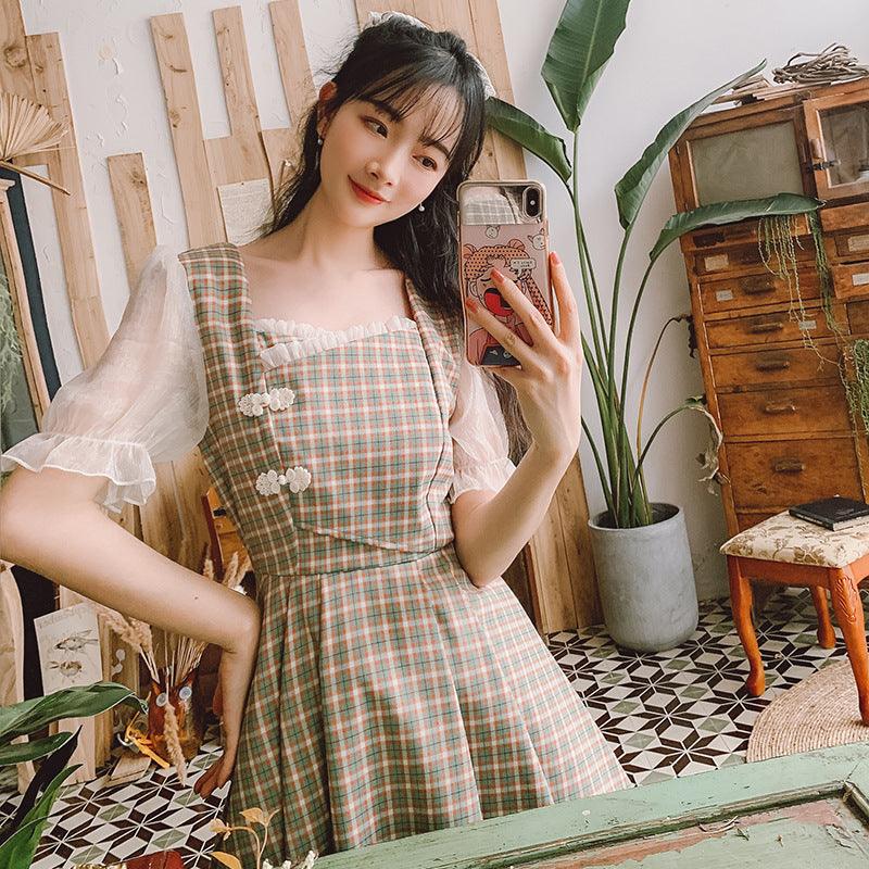 Women's retro long sleeve plaid dress - MRSLM