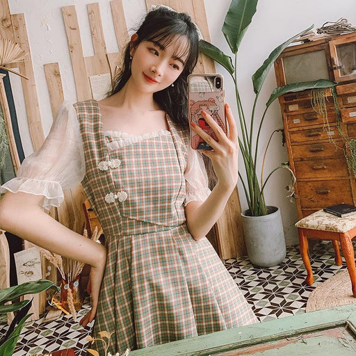 Women's retro long sleeve plaid dress - MRSLM
