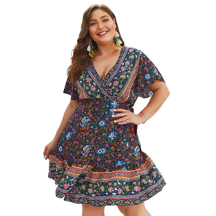 V-neck print plus size dress - MRSLM