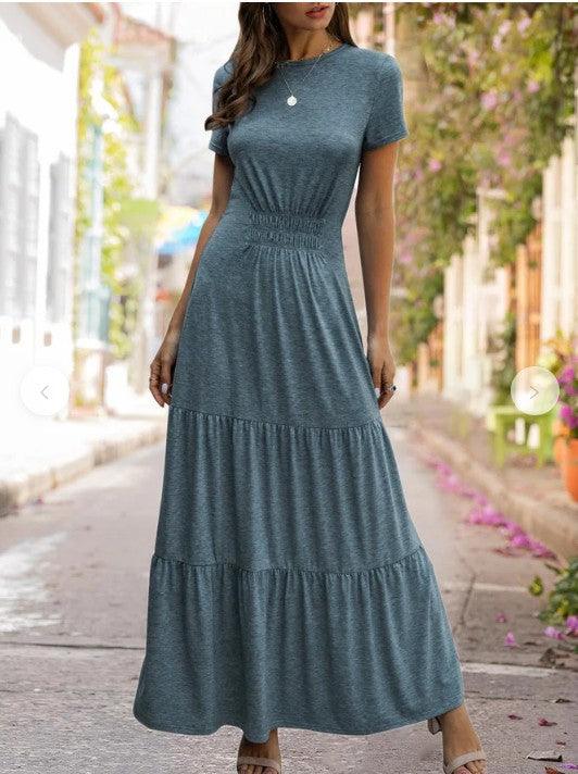 Short sleeve round neck large swing dress - MRSLM