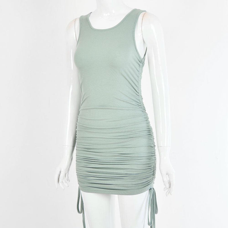drawstring pleated hip-wrap vest dress, view 2 - MRSLM