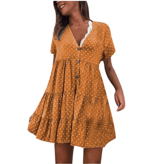 buttoned ruched polka dot dress, view 5 - MRSLM