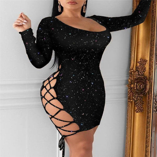 skinny laser sequins colorful reflective dress, view 2 - MRSLM