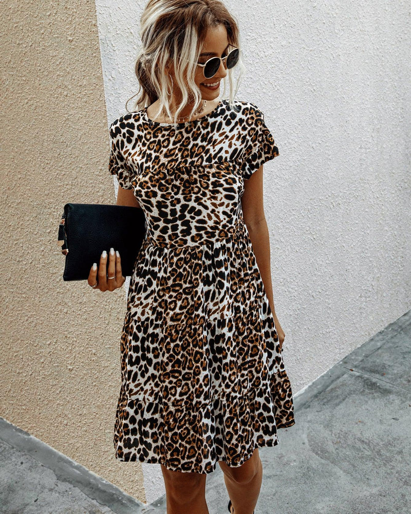 leopard print round neck short sleeve loose dress, view 3 - MRSLM