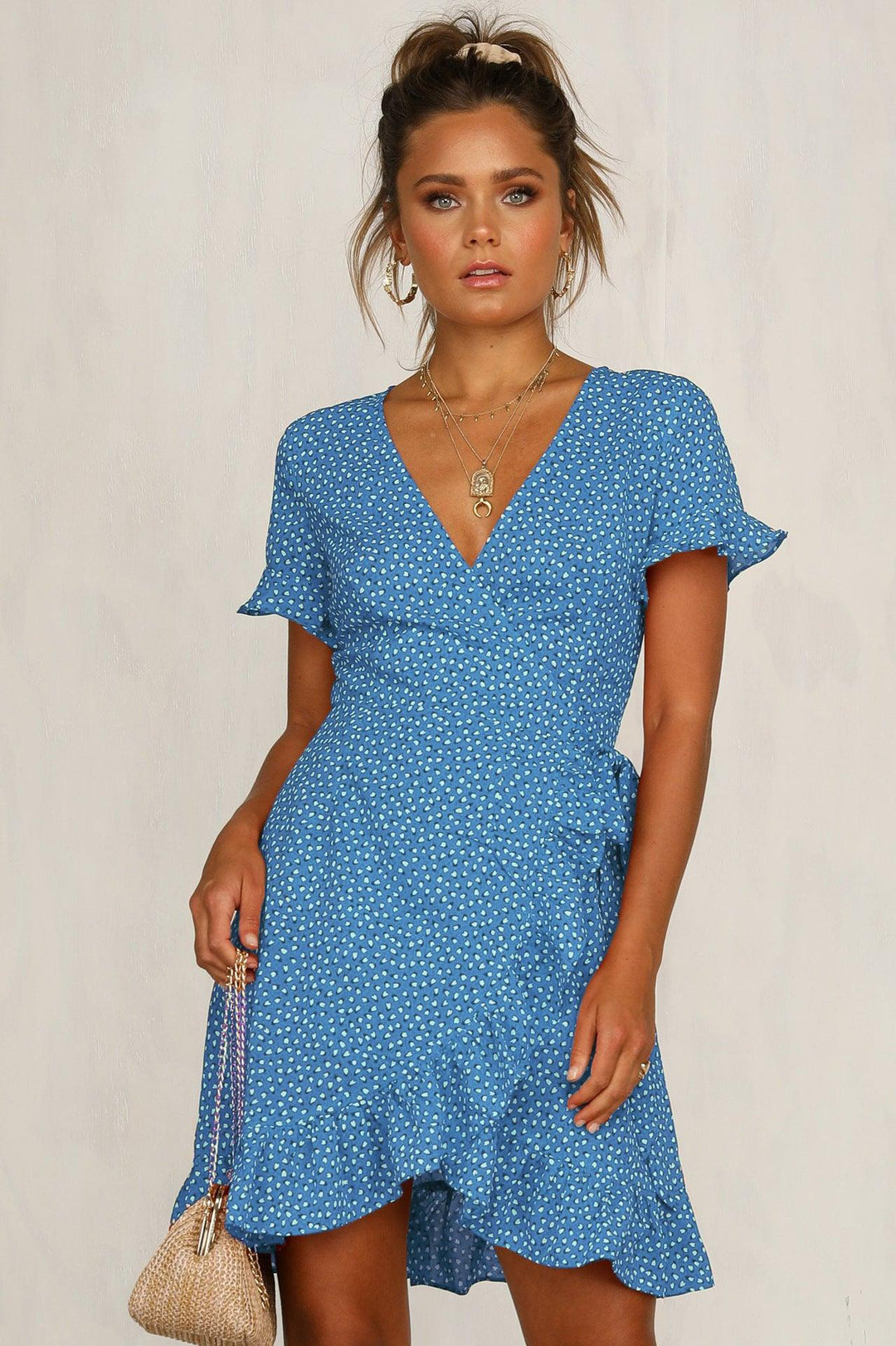 Printed V-neck lace-up ruffled dress - MRSLM