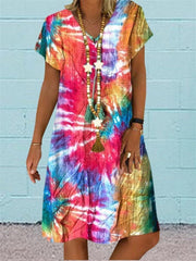 Women's multi-color printed V-neck dress, view 2 - MRSLM