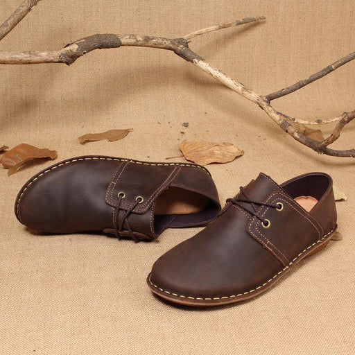 Women's retro hand-stitched cowhide lace-up shoes, view 3 - MRSLM