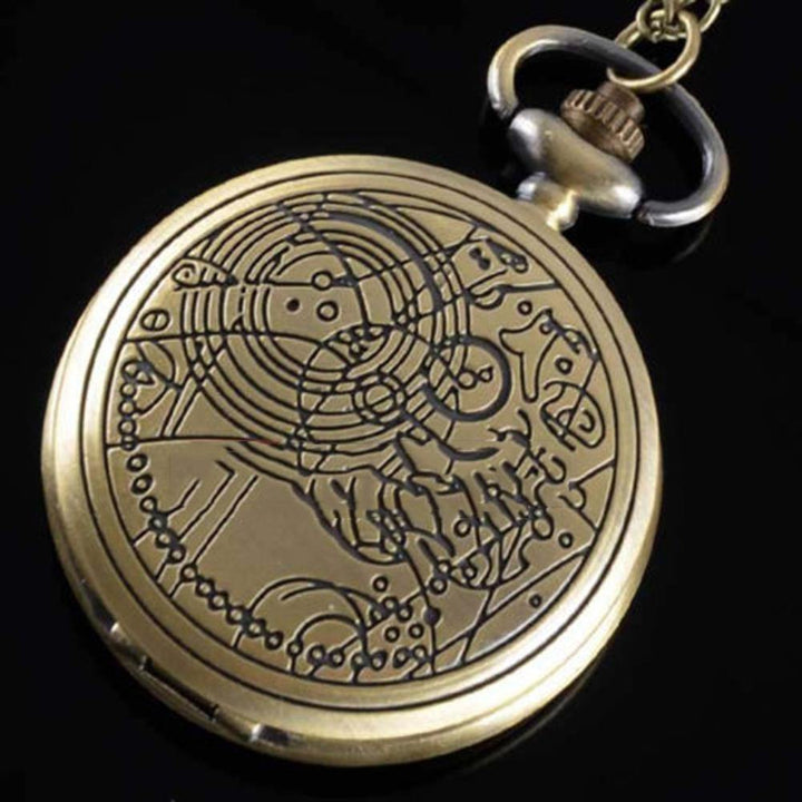 Retro Bronze Geometric Pattern Pocket Watch Quartz Chain Pendant Necklace Gift - MRSLM