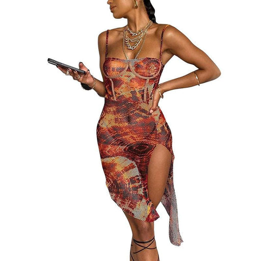 one-shoulder slim printed dress, view 2 - MRSLM