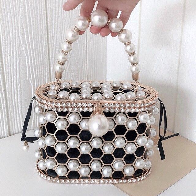 Luxury Pearl Women's Handbag Hollow Out Wedding Clutch Purse Bag Female Rhinestone Metal Cage Basket Shoulder Bag ZD1846 - MRSLM