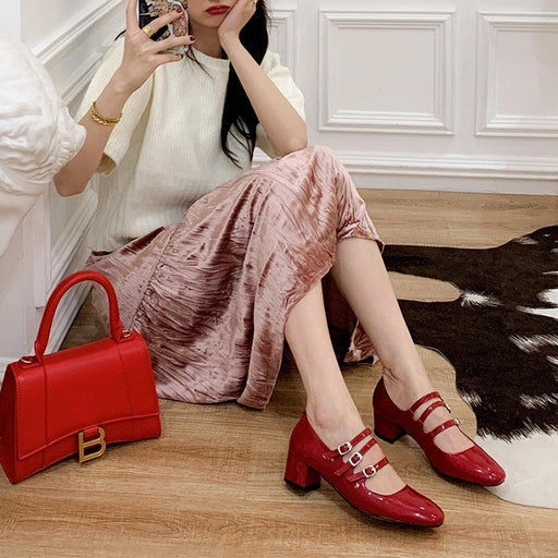 Women's square toe thick heel buckle shoes, view 2 - MRSLM