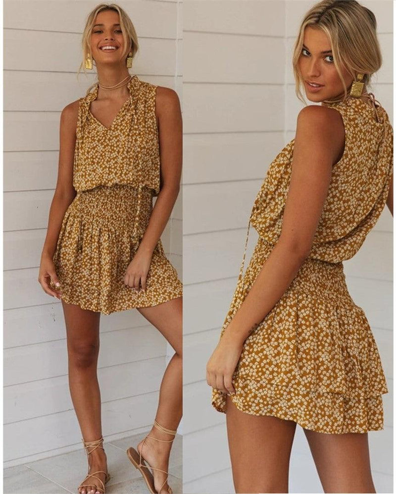 Women's sleeveless printed V-neck dress - MRSLM