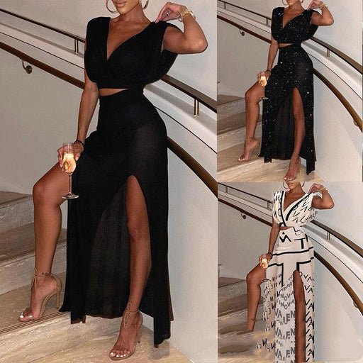 Women's black V-neck slit skirt suit - MRSLM
