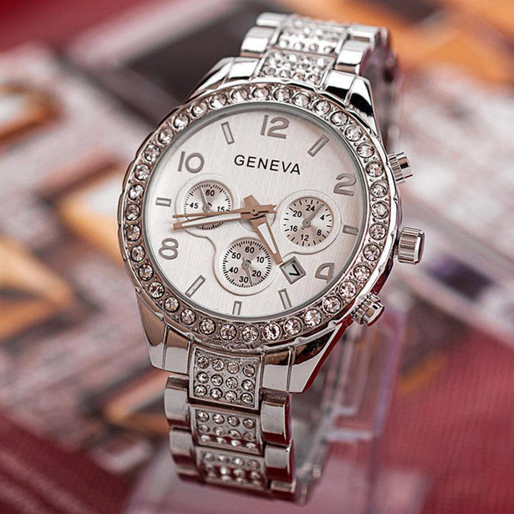Women's Geneva Decorative Dials Stainless Steel Band Quartz Analog Wrist Watch - MRSLM