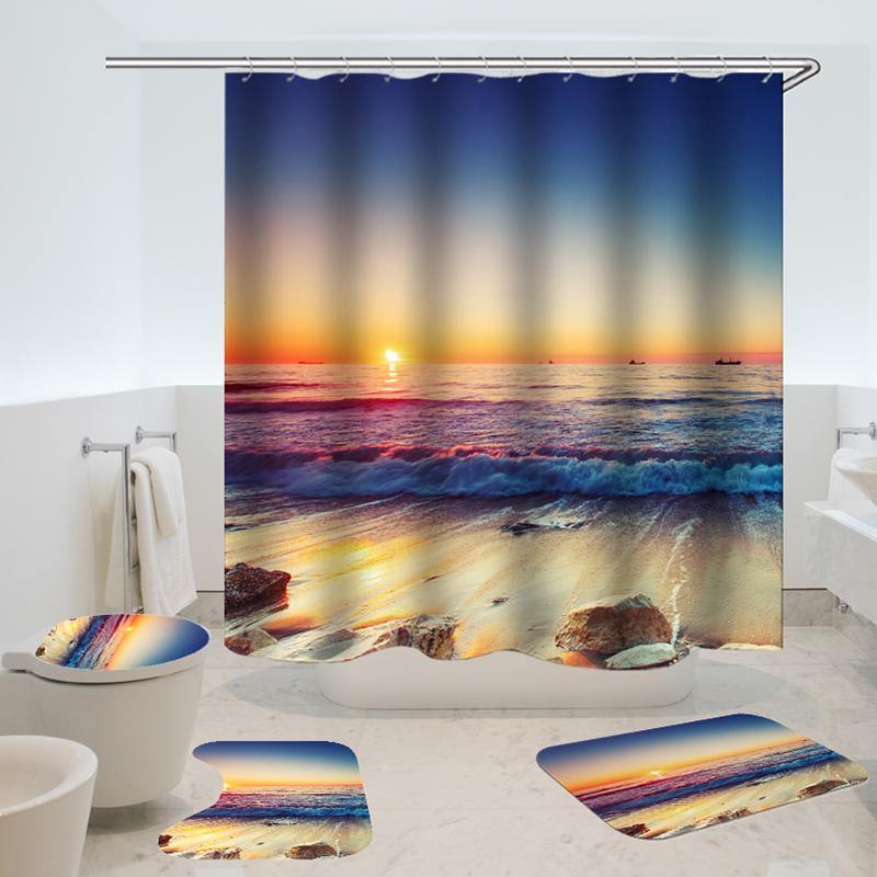 Waterproof Shower Curtain Non-Slip Rug Three Set Bathroom Decor Blue Ocean Sunset - MRSLM