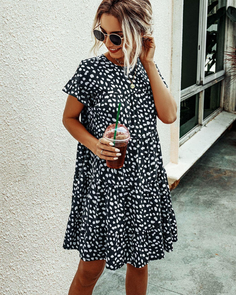 leopard print round neck short sleeve loose dress, view 4 - MRSLM