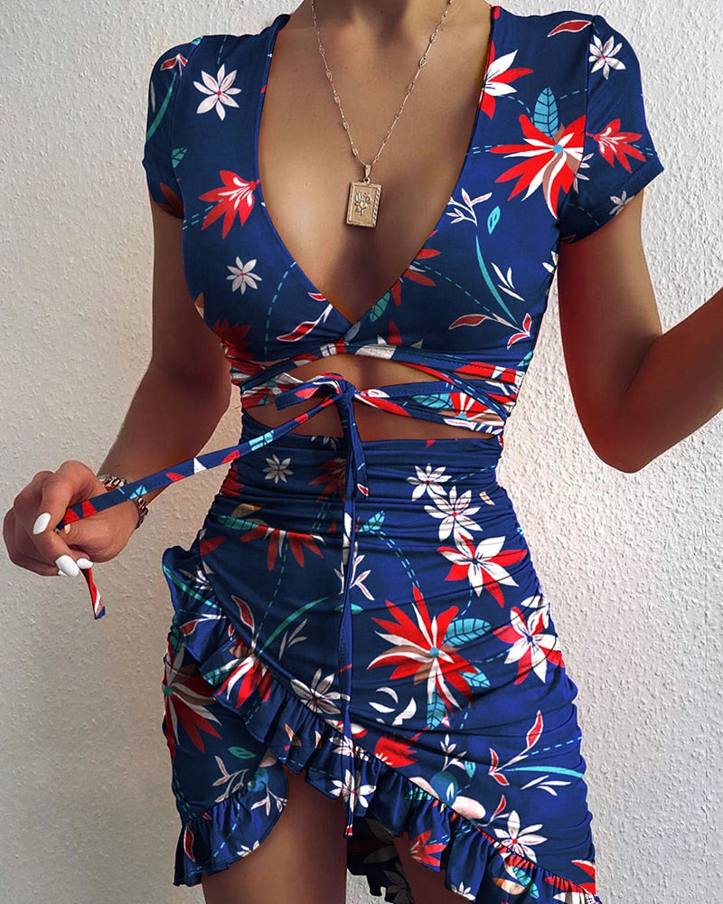 women's flower printed mini dress, view 11 - MRSLM