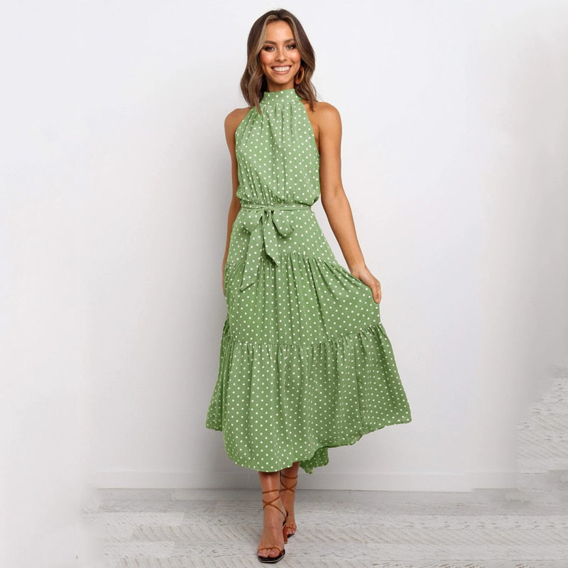 women's polka dot halter dress, view 6 - MRSLM