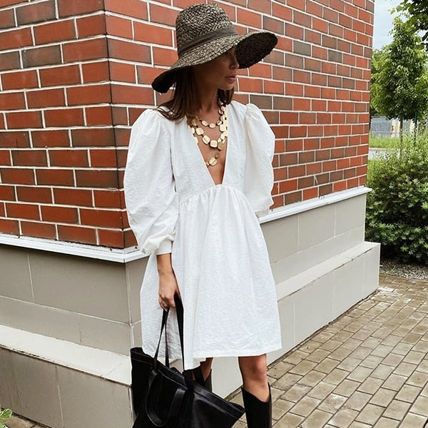 Women's puff sleeve mini dress, view 3 - MRSLM