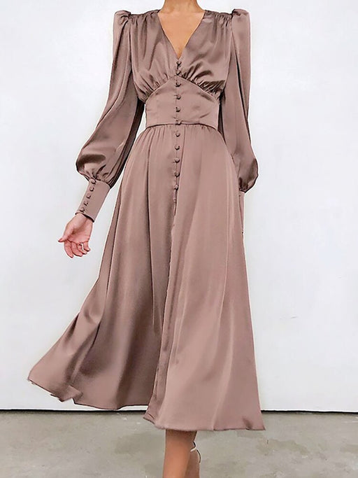 women's satin puff sleeve dress, view 3 - MRSLM