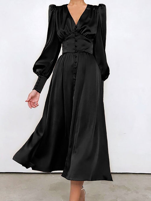 women's satin puff sleeve dress, view 4 - MRSLM