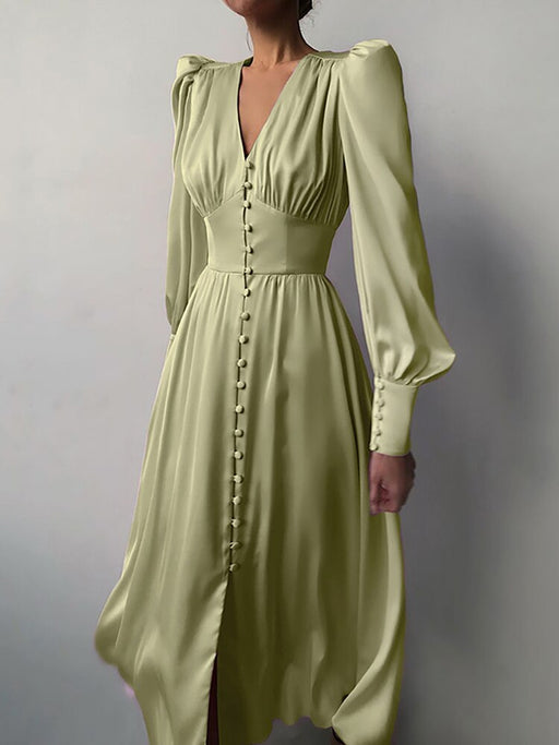 women's satin puff sleeve dress, view 9 - MRSLM