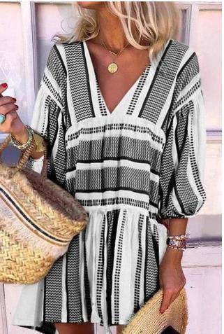striped v-neck three-quarter sleeve dress, view 6 - MRSLM