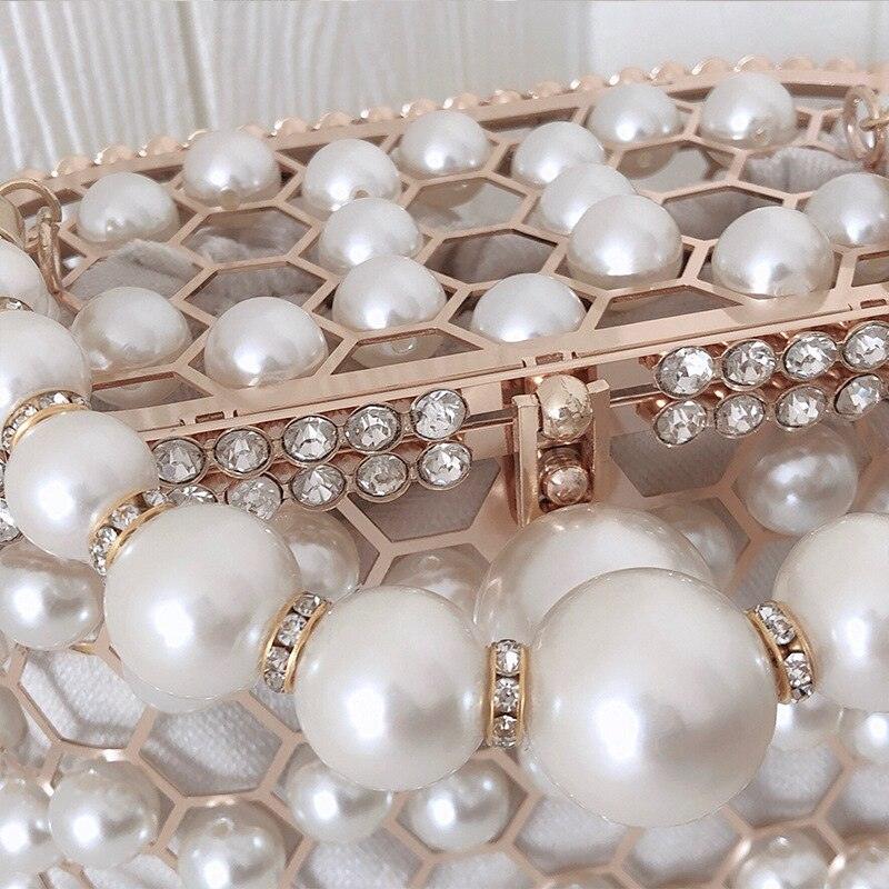 Luxury Pearl Women's Handbag Hollow Out Wedding Clutch Purse Bag Female Rhinestone Metal Cage Basket Shoulder Bag ZD1846 - MRSLM